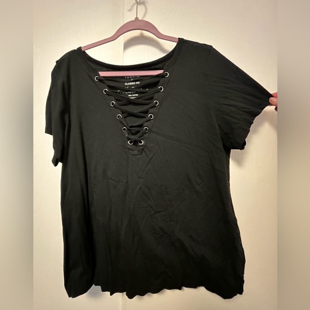 torrid Black Short-Sleeve Lace-Up V-Neck Tee
